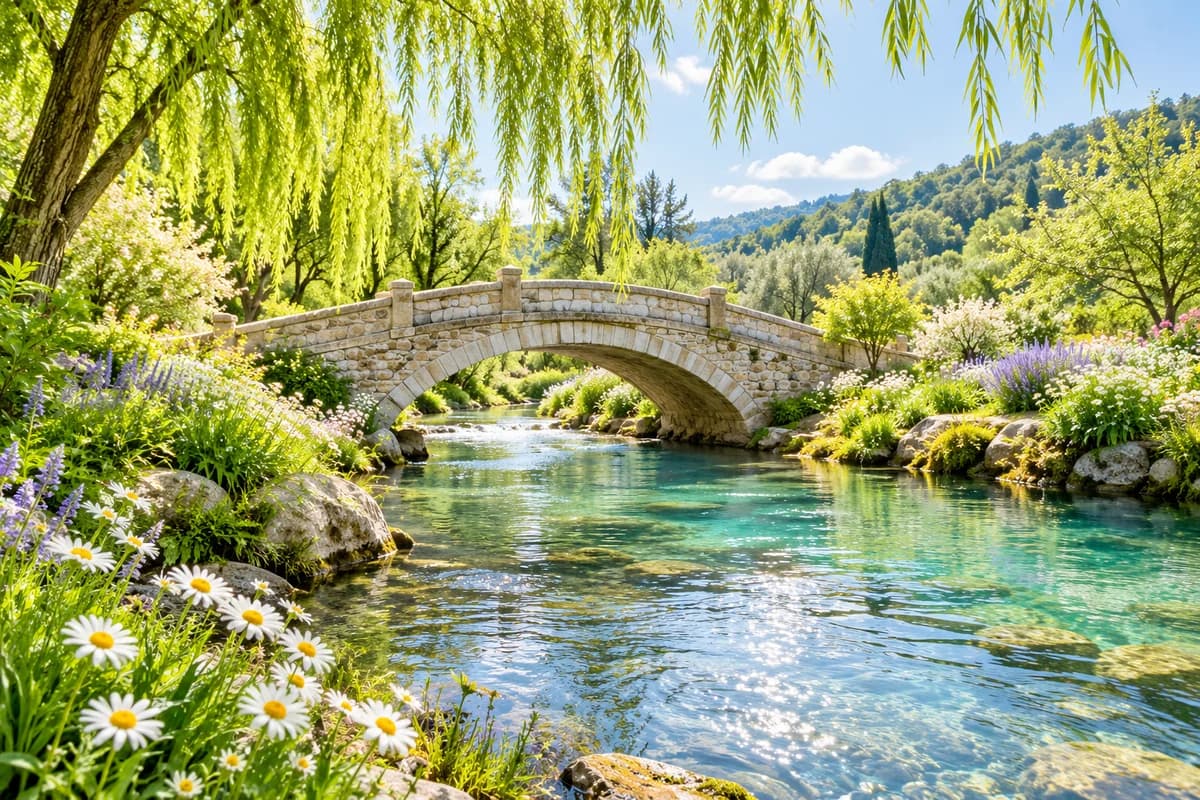 A sunlit stone bridge over a clear stream, surrounded by green trees and flowers